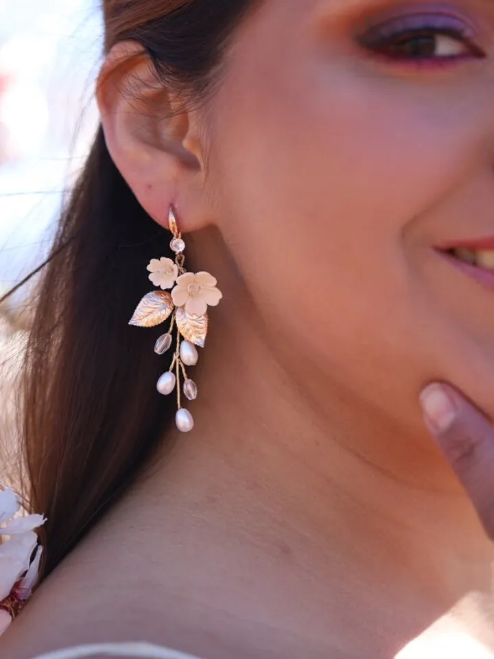 Champagne Gold Porcelain Flower Wedding Earrings, Pearl Statement Floral Wedding Earrings, Swarovski Crystal Bridal Earrings, Boho Jewelry