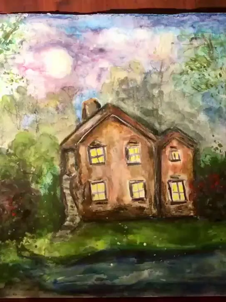 Mysterious House in the woods,original watercolour painting,forest painting,river,landscape painting,unique handmade painting,home decor