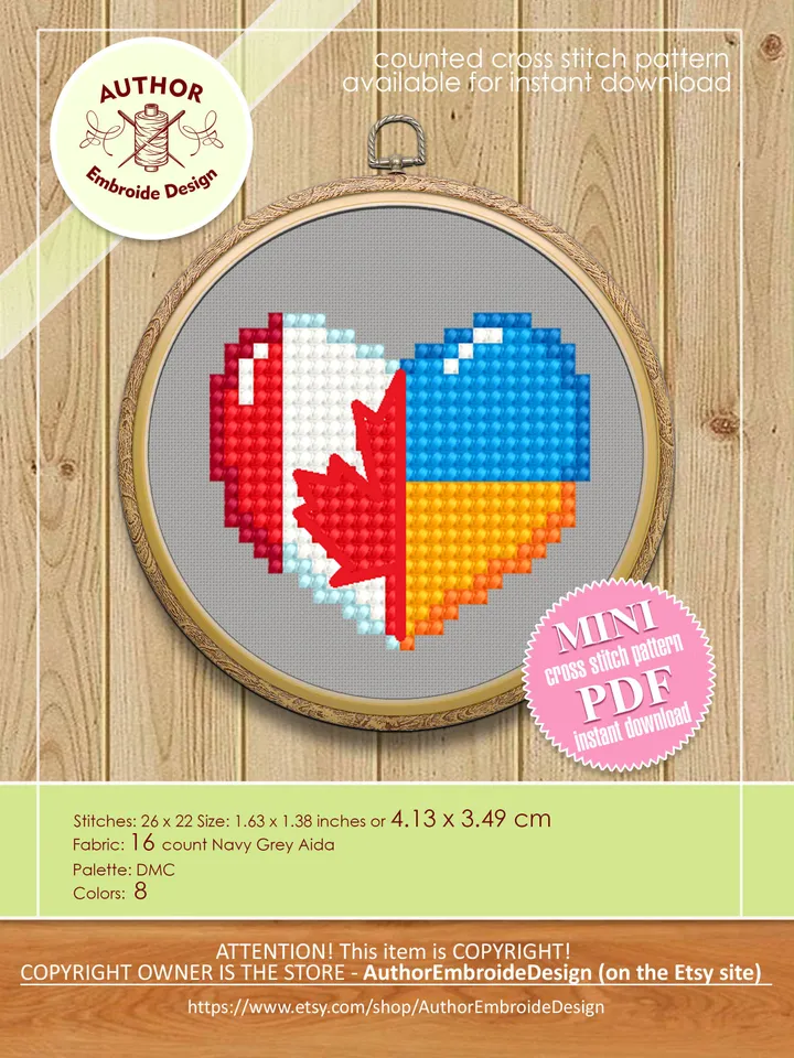 Patriotic cross stitch pattern PDF download Canadian flag heart cross stitch, Mini heart Ukrainian flag embroidery, Independence Day #T24