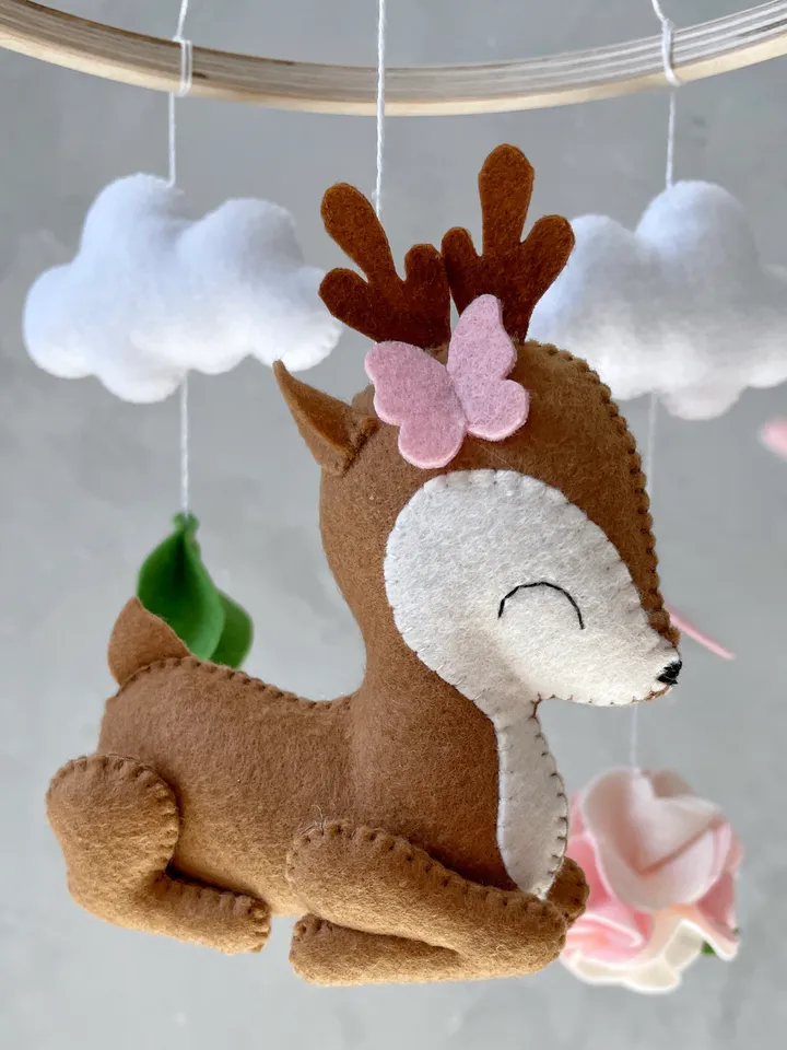 Deer mobile baby girl with flowers and butterflies, Woodland crib mobile girl