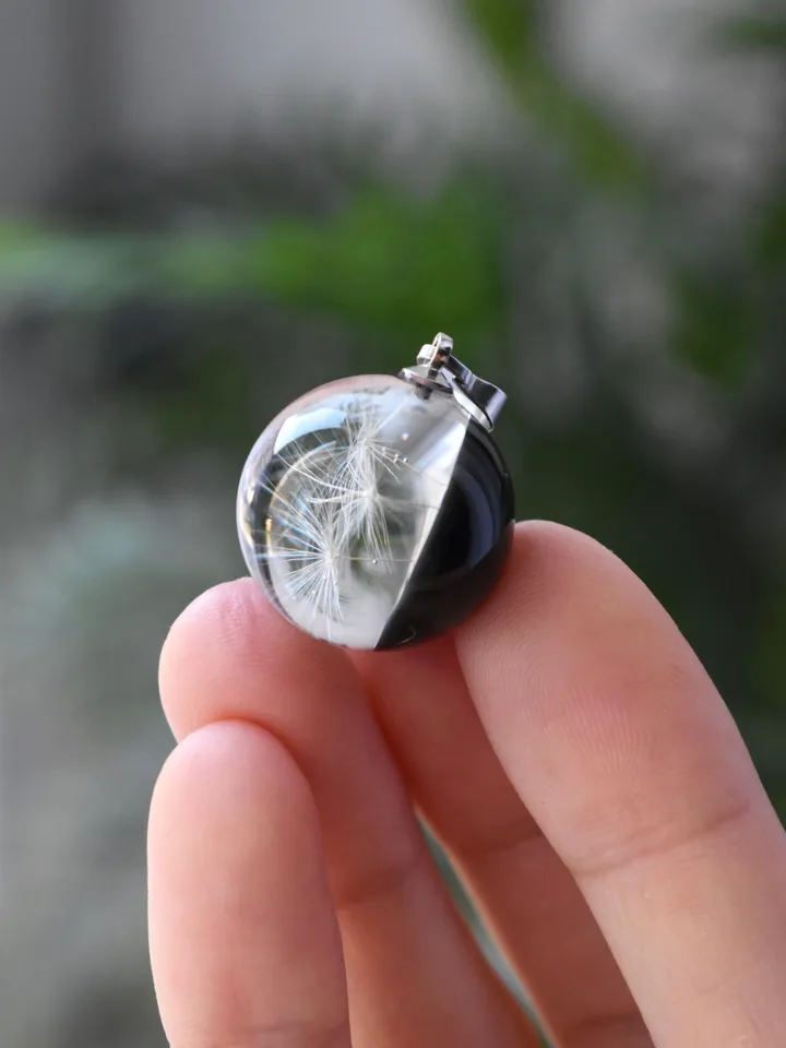 Real dandelion fluff pendant. A dandelion necklace. Transparent sphere pendant.