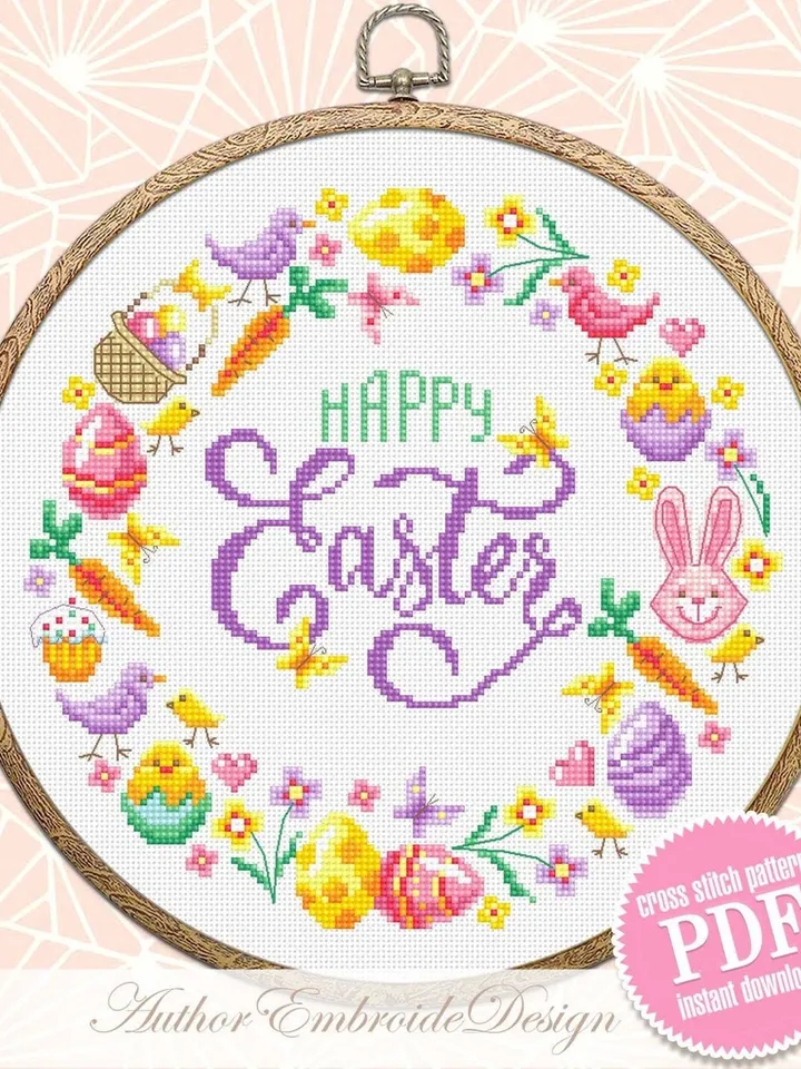 Easter wreath cross stitch pattern PDF download Happy Easter cross stitch chart, Pastel Easter pattern digital PDF, Easter wall decor #T32