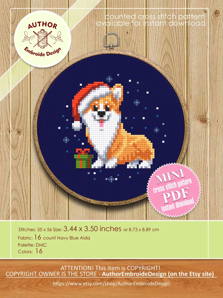 Corgi Christmas cross stitch pattern PDF download Set Christmas dog cross stitch chart, Small christmas ornament digital pattern #N105