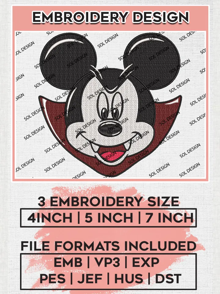 Mickey Mouse Dracular Head Embroidery designs, Disney Movie Machine embroidery designs, Happy Halloween embroidery files, Trick Or Treat Machine Embroidery Digitized Pes Files, Digital Download