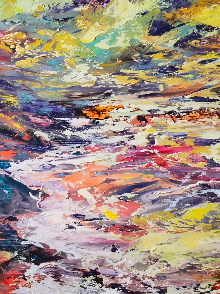 Stream River Mountains Original Oil Painting Borealis Aurora Artist Svinar Oksana