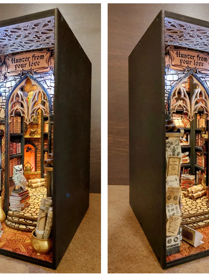 Book nook library Diorama Bookshelf Insert Dark Academia booknook, Wizard library, bookshelf insert, Magic light, Secret library
