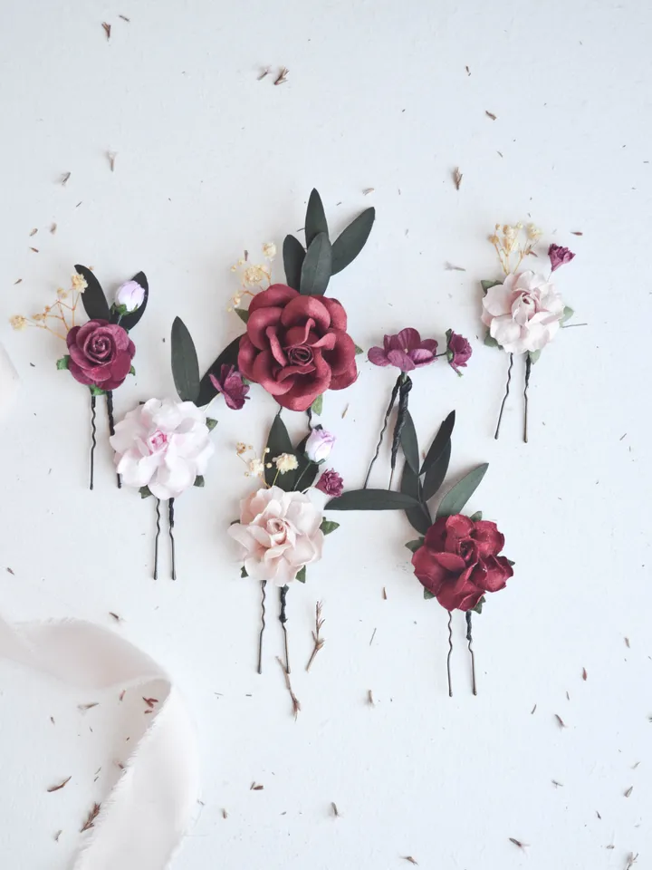 Burgundy Blush hair pins, Bridal hair pins, Floral hair pins, Bridesmaid hair pin, Set of hair pins, Floral hair pin