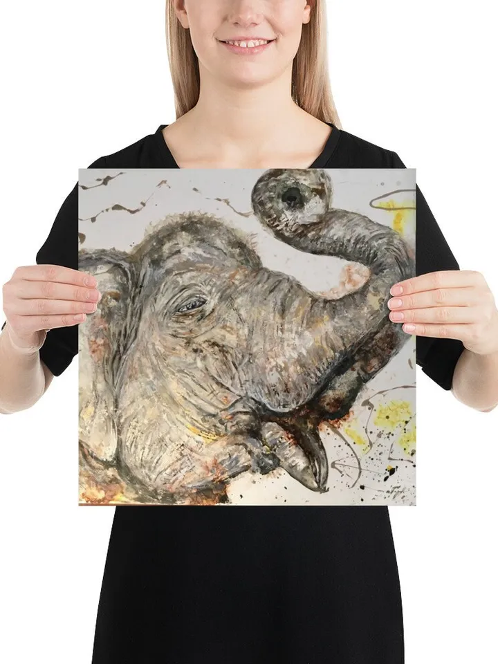 White Elephant Poster made with my original watercolour mix media painting on yupo paper,unique handmade artwork,home decoration.