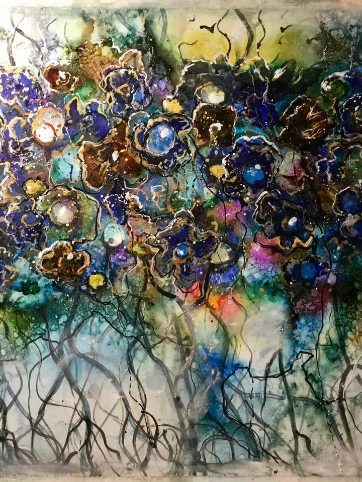Dancing forest-Abstract fantasy alcohol inks mix media painting on yupo paper,wall decoration,one of a kind,abstract flower wood unique gift