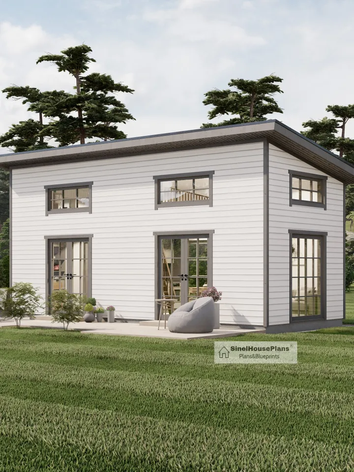 12'x28' Tiny House Plan, Two Story Modern Cottage Construction Blueprints with Material List