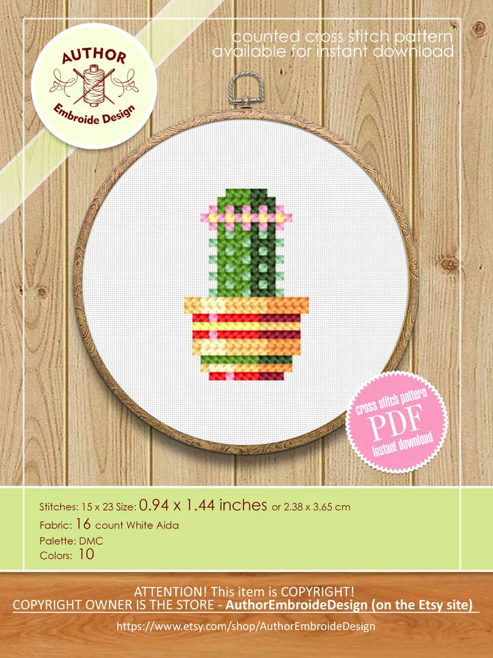 Blooming cactus plant cross stitch pattern PDF download, Simple mini cross stitch chart, House plant cross stitch, DIY Plant lover gift #P35