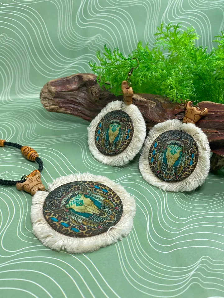 A set of interesting handmade jewelry.Handmade jewelry. Author's design. Set of earrings + pendant on a cord.