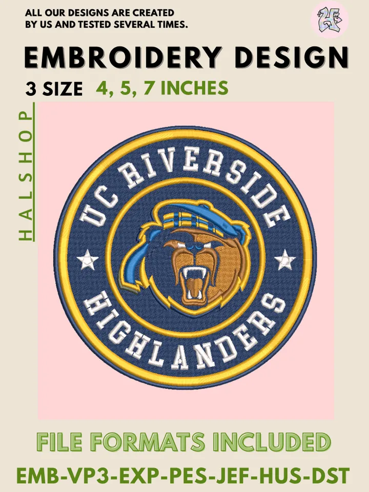 NCAA UC Riverside Highlanders Logo Embroidery Design, College Team Machine Embroidery Files, Digital Download