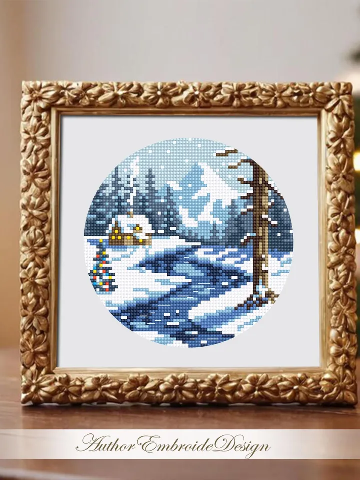 Winter landscape cross stitch pattern PDF download Winter nature cross stitch chart, Christmas pattern digital, Winter house in forest #N168
