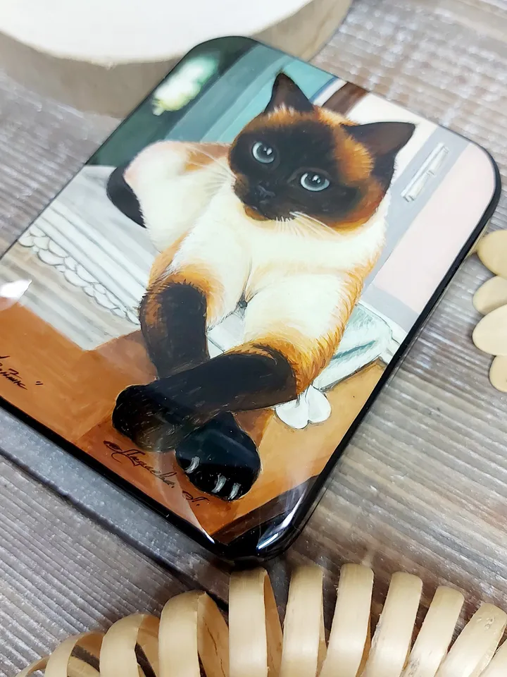 Art gift box Lacquer Box"Siamese cat on the mat" Hand-painted miniature painting jewelry box Mother of pearl Papier-mache Christmas art gift