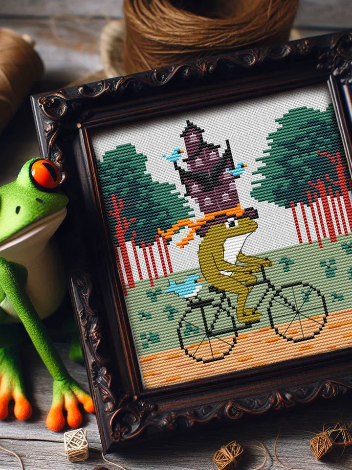 Motty Traveler Frog and The Tenement hat cross stitch pattern
