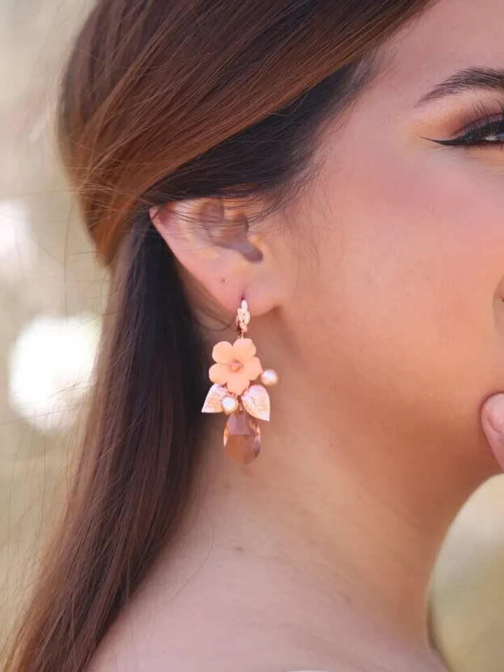Delicate Porcelain Flowers Boho Wedding Earrings, Rose Gold Blush Chandelier Statement Floral Bridal Earrings, Leaf Wedding Jewelry Set