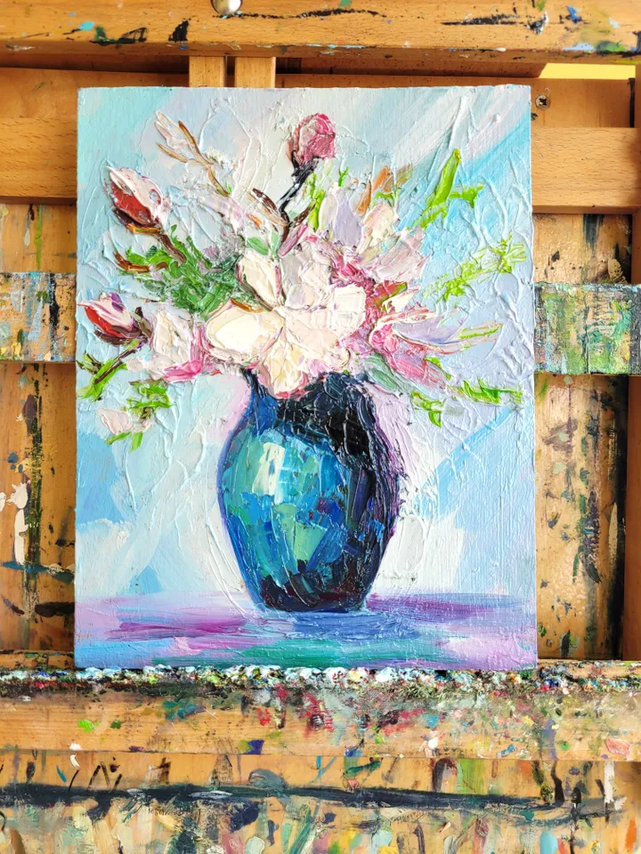 Magnolia Painting Flower Original Art Impasto Oil Painting 7x9 Blossom Painting Abstract Bouquet Painting Birth Month Flower by ArtFromVictoria
