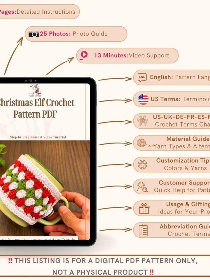 Christmas Crochet Mug Cozy Pattern PDF, Festive Red Green White Cup Cozy Pattern, Handmade Holiday Mug Cover, Crochet Cup Sleeve Tutorial