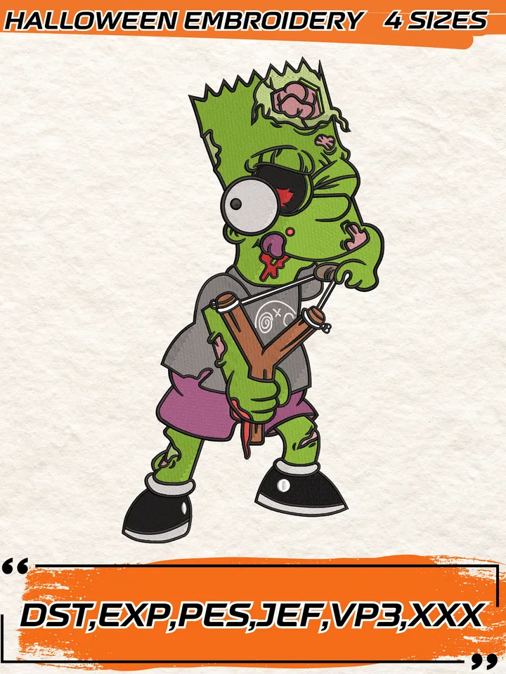 Bart Simpson With A Slingshot Embroidery Design,Zombie Art Cartoon Halloween,4 Sizes,Digital Download