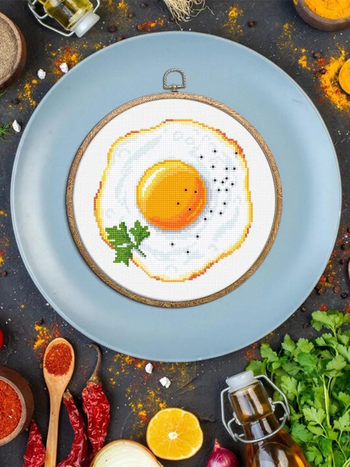 Fried egg cross stitch pattern PDF instant download Food cross stitch chart for beginners, Small egg pattern digital PDF, Kitchen decor #F21