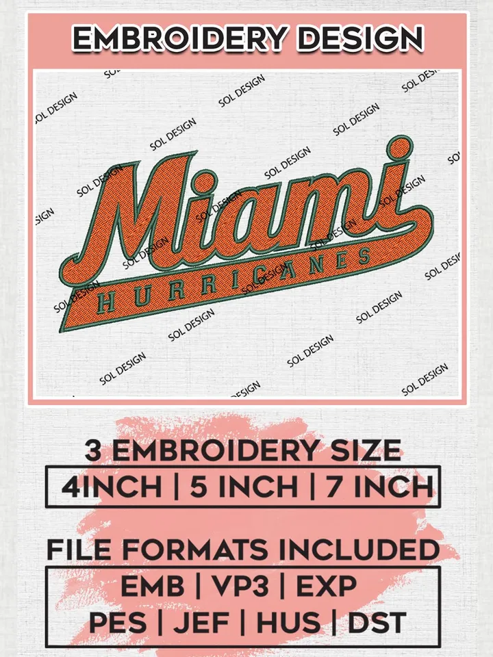 NCAA Miami Hurricanes Team Writing Logo Embroidery Design Files, NCAA Miami Hurricanes Machine Embroidery, NCAA Teams, 3 sizes, NCAA Machine embroidery designs, Digital Download
