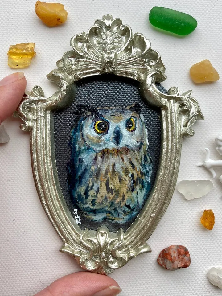 Owl Oil Painting Original In Vintage Style Frame Small Framed Bird Art Baby Owl
