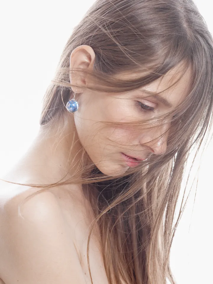 Forget-me-not sphere earrings. Blue dangle resin earrings