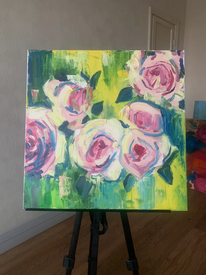 Pink peonies on a bright green background interior original impasto painting contemporary abstraction modern style