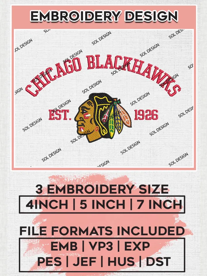 NHL Chicago Blackhawks Est 1926 Embroidery Files, NHL Chicago Blackhawks Embroidery Designs, NHL Embroidery Designs, NHL Machine Embroidery Designs, Digital Download