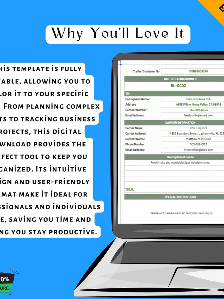 Refrigerated Shipping Bill of Lading Template, Cold Chain BOL Form, Google Sheets Freight Document, Temperature-Controlled Shipment