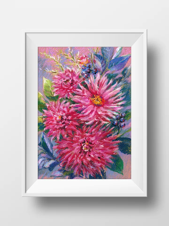 Flowers Bouquet Asters Drawing with oil pastels on A4 craft paper