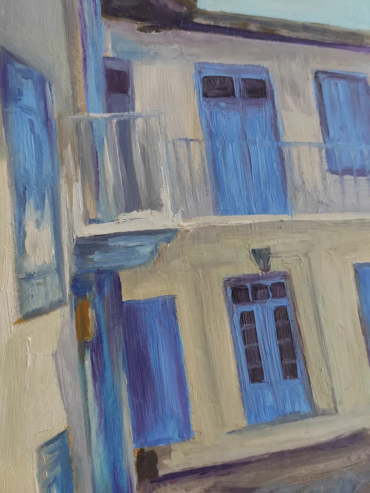 Oil painting on cardboard the house with blue windows