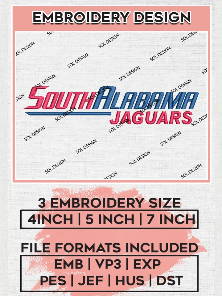 NCAA South Alabama Jaguars Team Writing Logo Embroidery Design Files, NCAA South Alabama Jaguars Machine Embroidery, NCAA Teams, Game Day, 3 sizes, NCAA Machine embroidery designs, Digital Download