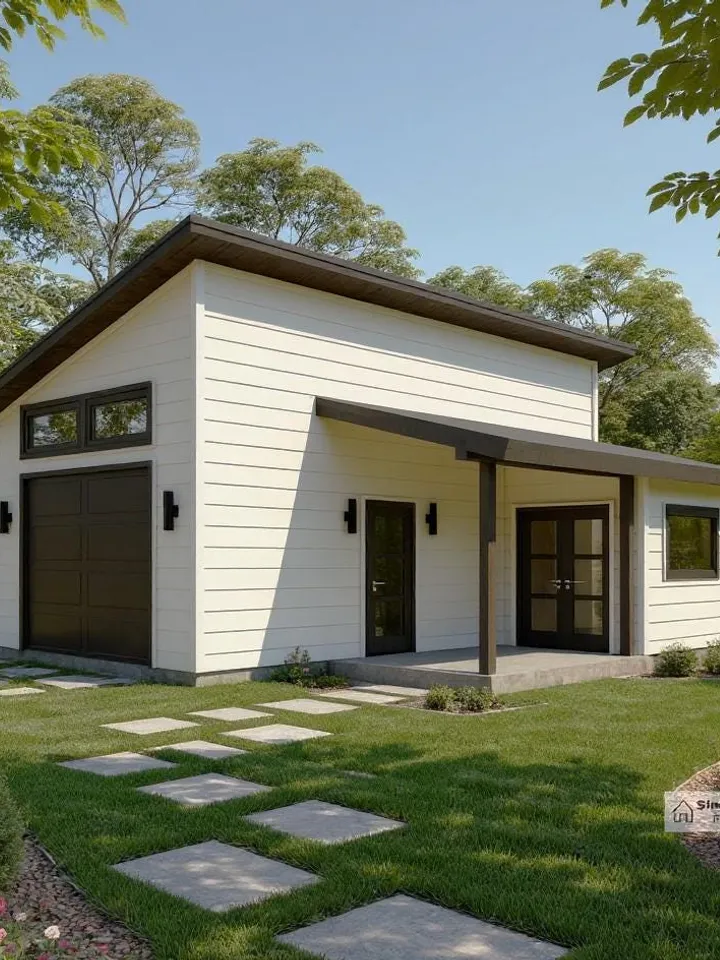 1-Car Modern Detached Garage Plans, 24'x28' Garage Blueprints with Workshop and Shed Roof Porch