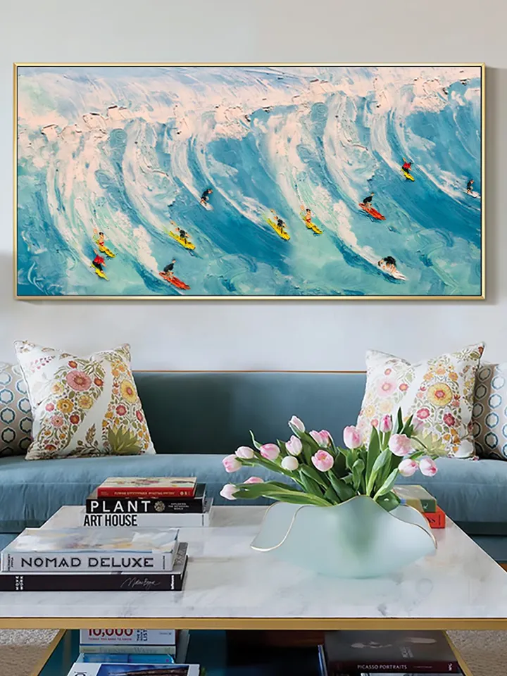 Original Surf Painting on Canvas Custom Painting Texture Wall Art Personalized Gift Blue Ocean Waves Nature Scenery Art Bedroom Wall Decor