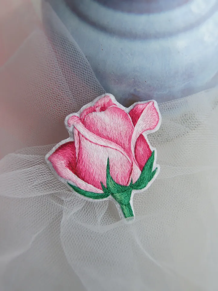Rose Bud Brooch. Embroidered brooch, artistic satin stitch.
