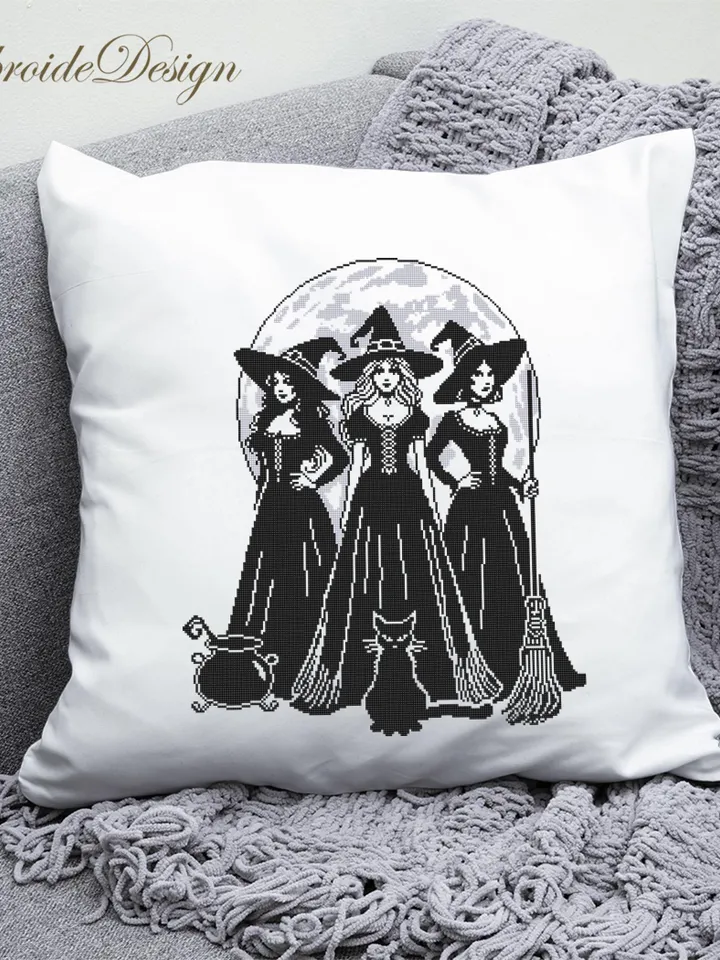 Halloween witches cross stitch pattern PDF download Witchy cross stitch chart, Witch pattern digital PDF, Full moon, Witch embroidery #H84