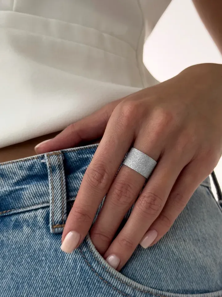 Ring silver 925 women's, wide, glitter effect