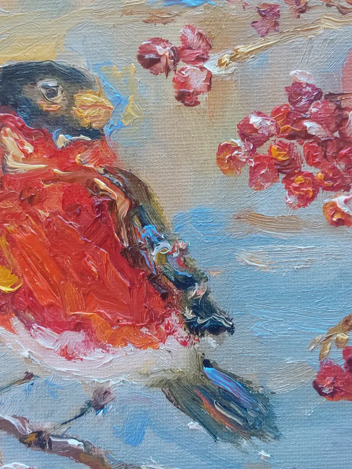 Oil painting on canvas "Bird. Bullfinch" 20x20cm (8x8 inch)