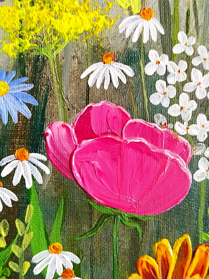 Flower landscape acrylic painting Wildflowers art impasto Summer meadow artwork