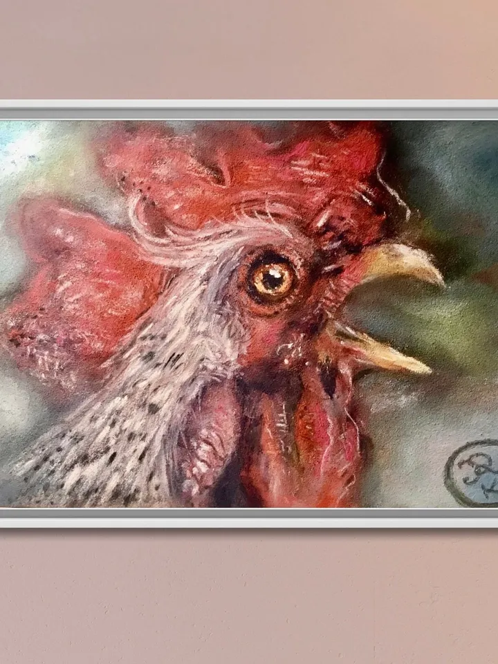 Red rooster original soft pastel painting on cardboard,funny animals pastel art,small painting gift,kitchen wall decoration.