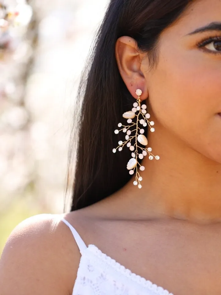 Opal Boho Wedding Earrings, Swarovski Crystal Long Bridal Earrings, Boho Bridal Earrings, Chandelier Statement Leaf Wedding Earrings Jewelry