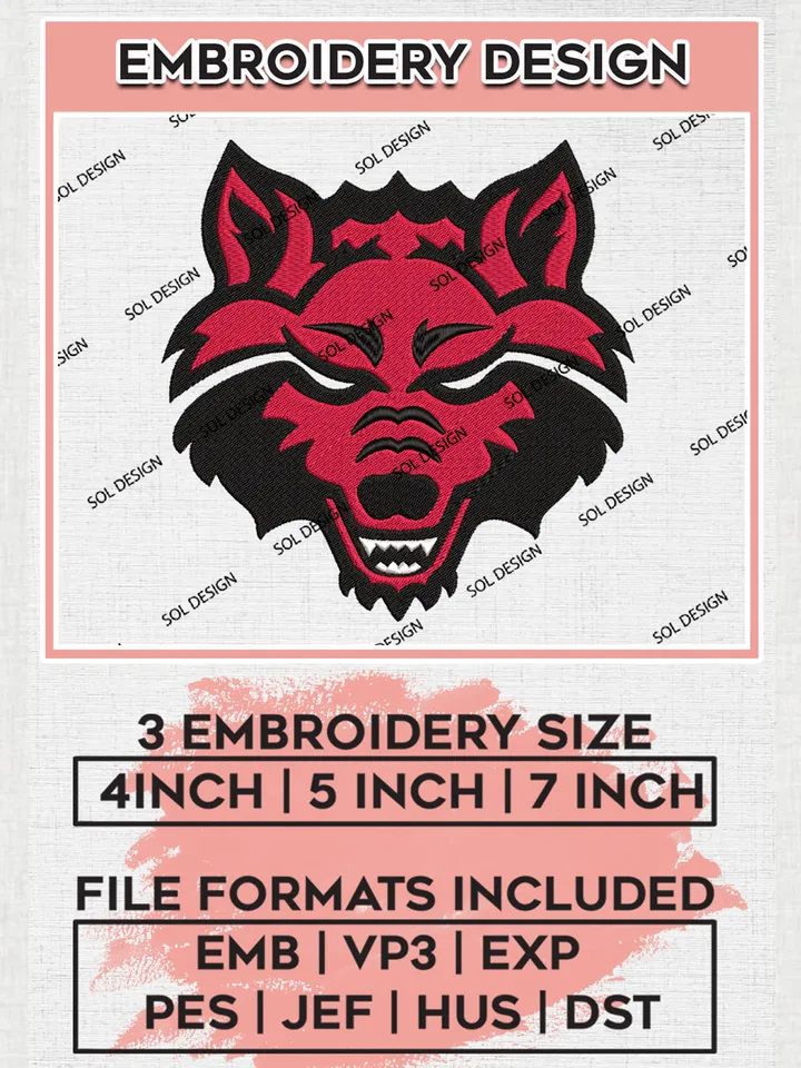 Arkansas State Red Wolves Logo Machine Embroidery Design, NCAA Red Wolves Embroidery Design Design files, NCAA Embroidery Designs, NCAA Machine Embroidery Designs, Digital Download