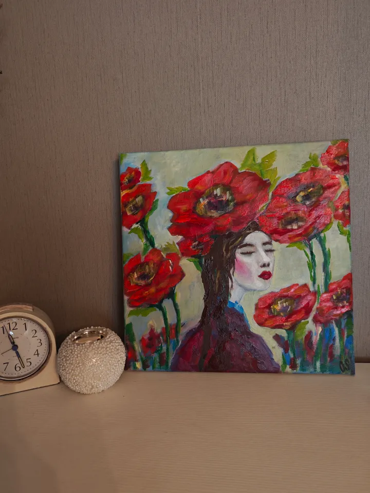 Red Flowers Original Painting Woman Portrait And Red Flowers Original Art Woman Head Floral Abstract Artwork Woman And Flowers Oil Painting Red Poppies And Chinese Woman Art 12 x 12 inches by OlgaSokolovaArt