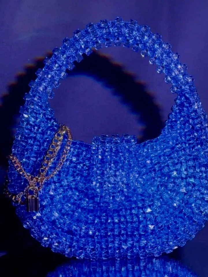 Blue beaded handbag, women bag, shoulder bead bag, purse for summer, bridesmaid woven bag, festival bag, small crossbody, luxury gift