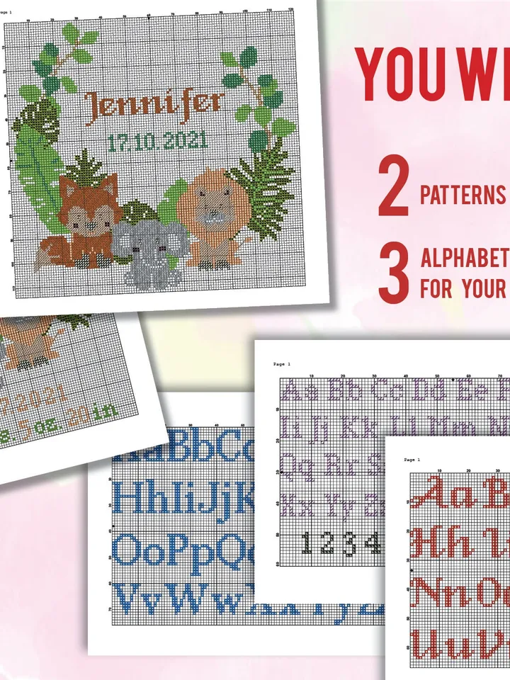 Zoo Animals Birth announcement cross stitch pattern, baby, personalized, Fox Lion, boy girl nursery decor, gift DIY, embroidery, instant PDF