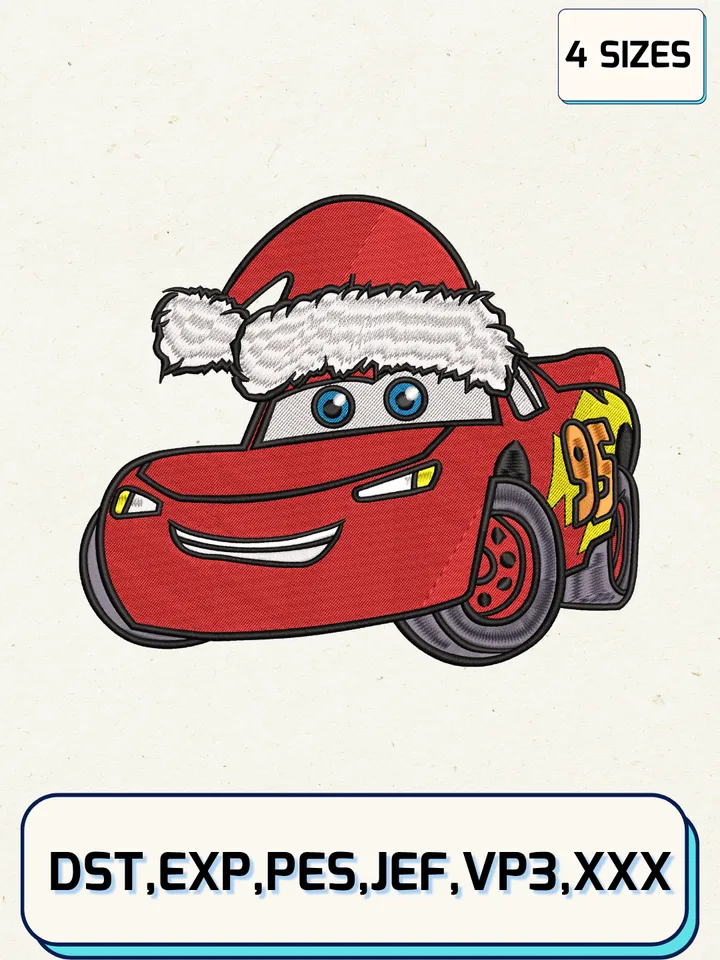 Christmas Lightning McQueen Embroidery Design,Christmas Embroidery Designs,Machine Embroidery Files,McQueen Embroidery Design,4 Sizes