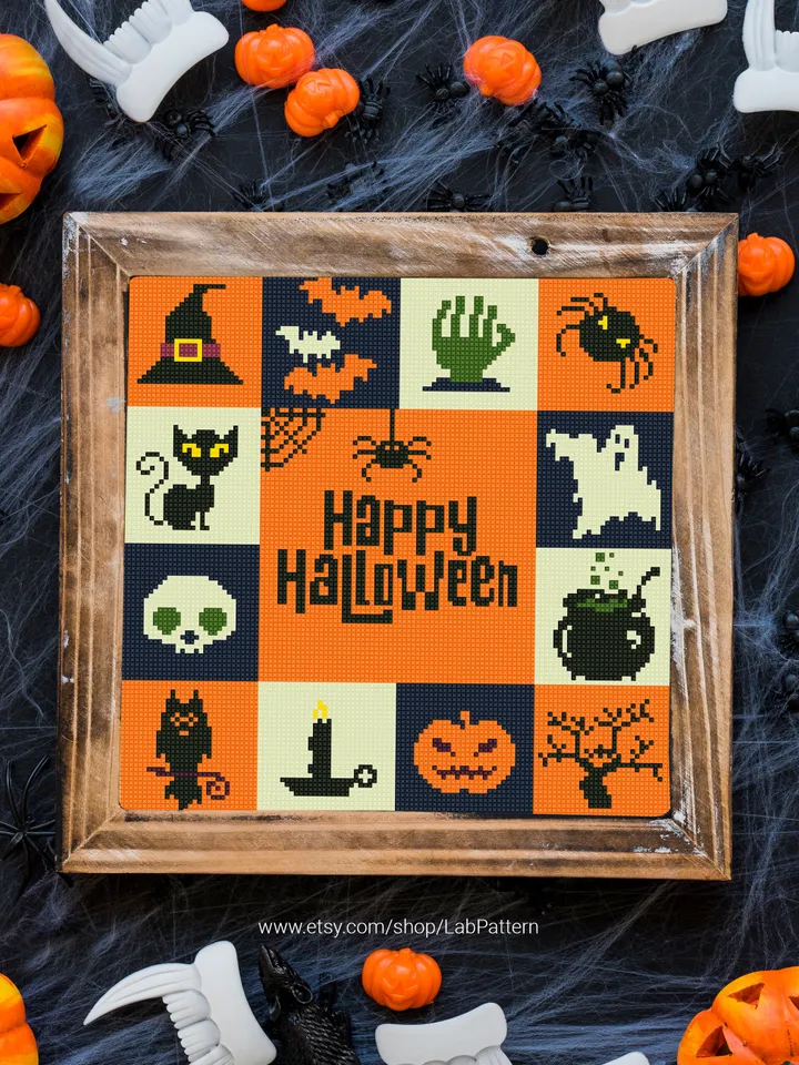 Happy Halloween cross stitch pattern, pumpkin, Trick or Treat, holiday decor, counted, chart, gift DIY, embroidery, instant PDF