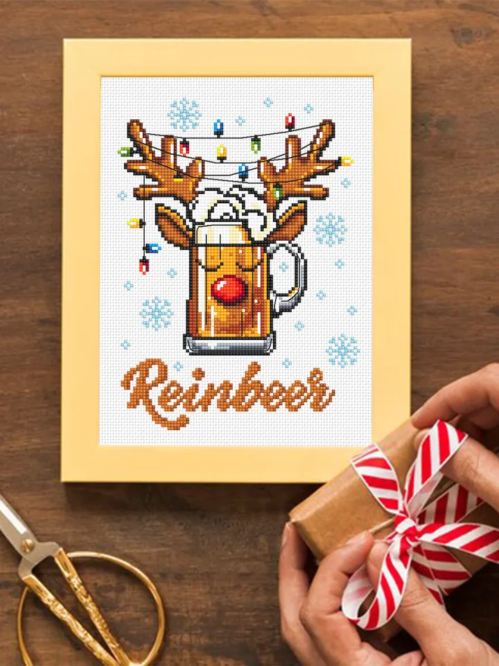Funny Christmas reindeer cross stitch pattern PDF Christmas beer cross stitch chart, Reinbeer pattern digital PDF, Beer lover gift #N110